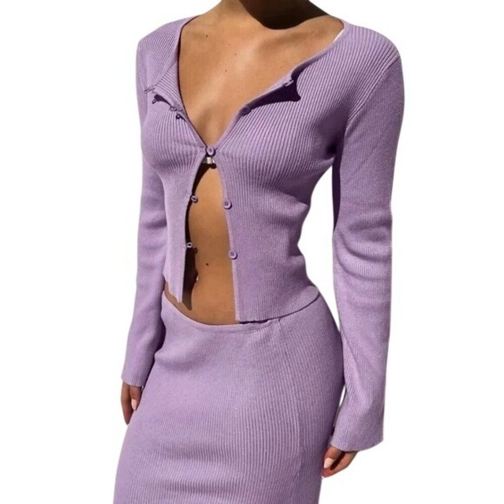 Tiger Mist Sweater Women XS Purple Ribbed Knit Monica Cardigan‎ Sexy Preppy